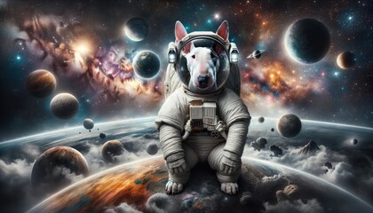 Fototapeta premium A Bull Terrier dressed as an astronaut stands heroically among colorful planets and swirling galaxies, symbolizing exploration and adventure.