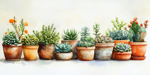 Fototapeta premium row of potted succulents in watercolor art style