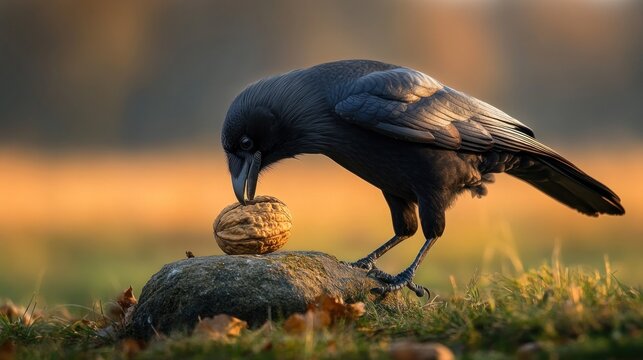 Carrion crow cracking a walnut on a rock at sunset.