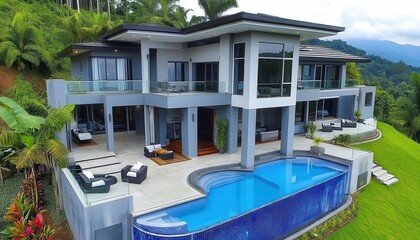 Fototapeta premium Luxury Hilltop Estate with Infinity Pool and Stunning Mountain Views: A Tropical Paradise Retreat