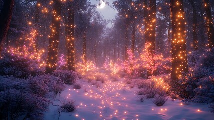 A breathtaking winter forest blanketed in fresh snow, pine trees shimmering with colorful fairy lights, the moonlight creating soft shadows on the ground, snow gently falling,