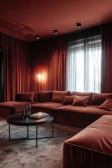 Luxurious Red Velvet Sectional Sofa In Modern Living Room
