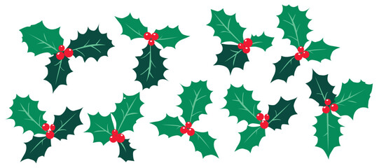 Various design christmas holly berries flat illustration. Green leaves and red berries element isolated on white background. Suitable for decorative Christmas, New year festival, and greeting cards.