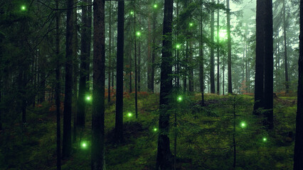 Magic green woods landscape with glow firefly.	
