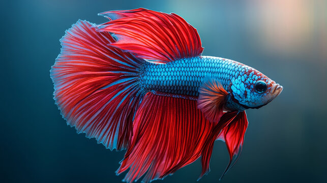 Blue Siamese Fighting Fish, Rosetail Halfmoon Aquarium Pet, Blue Red Betta Splendens in Fish Tank Closeup