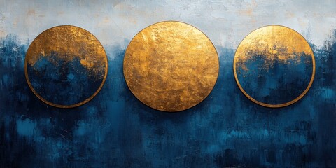 Naklejka premium Abstract Gold Circles on Blue and White Canvas
