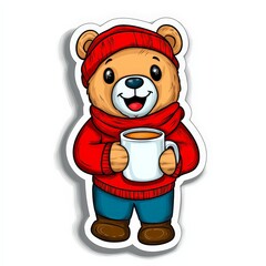 Cute Anime Bear with Mug in Red Sweater Sticker