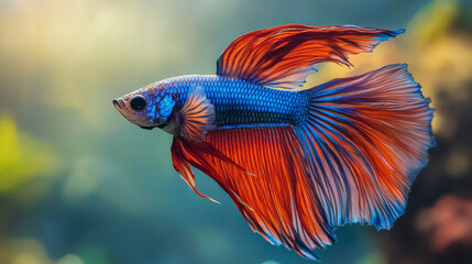 Fototapeta premium Blue Siamese Fighting Fish, Rosetail Halfmoon Aquarium Pet, Blue Red Betta Splendens in Fish Tank Closeup 