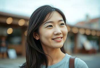 A serene half-length portrait of a young Asian woman with a contemplative expression.
