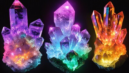 Vibrant Rainbow Crystal Clusters Glowing Gems