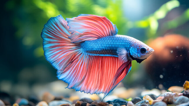 Blue Siamese Fighting Fish, Rosetail Halfmoon Aquarium Pet, Blue Red Betta Splendens in Fish Tank Closeup