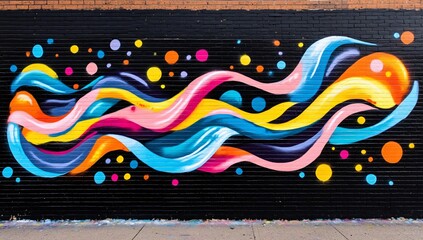 Vibrant Abstract Wave Graffiti Mural Art on Black Brick Wall