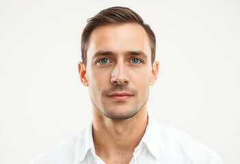 A half-length portrait of a young adult male with a calm and neutral expression