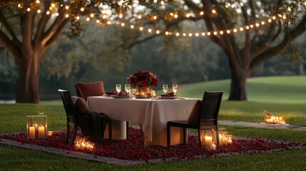Outdoor Valentine dinner: An elegant outdoor dinner for two under string lights, featuring champagne and red accents