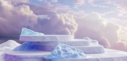 A unique white stone podium with intricate blue glass accents, positioned against a backdrop featuring shades of purple and white clouds, exuding a futuristic elegance.
