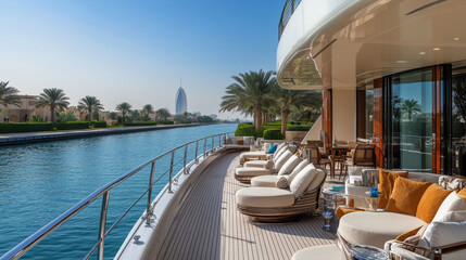 A shot from the deck of a luxurious yacht in a sea canal in Abu Dhabi