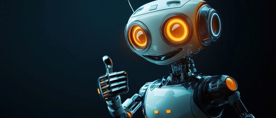 A robot with glowing orange eyes gives a thumbs up