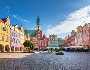 Fototapeta premium Generated image A picturesque view of Poznań’s Old Market Square with its colorful Renaissance-style townhouse