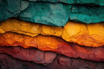 deep earth analysis concept. A vibrant layered rock formation displaying a spectrum of colors, including turquoise, yellow, orange, and red, showcasing natural textures and geological beauty.