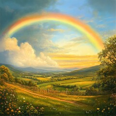 Fototapeta premium A vibrant rainbow arches over a serene countryside landscape
