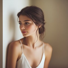portrait of woman in white dress leaning against wall