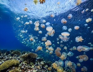 Underwater Jellyfish Swarm Above Coral Reef