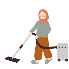 Muslim woman cleaning the house with a vacuum machine