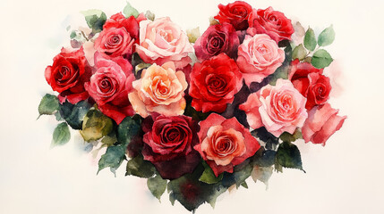 Naklejka premium Heart shaped bouquet of red and pink roses in watercolor art