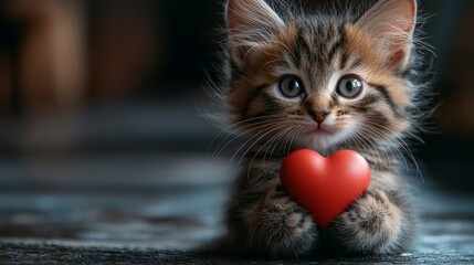 a cute fluffy kitten holding a red heart