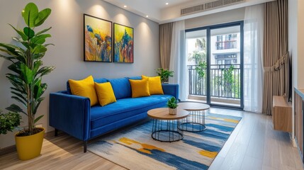 Modern living room with blue sofa, yellow pillows, and abstract art.