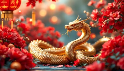 Fototapeta premium Chinese New Year of the Snake. Gold dragon on bokeh background