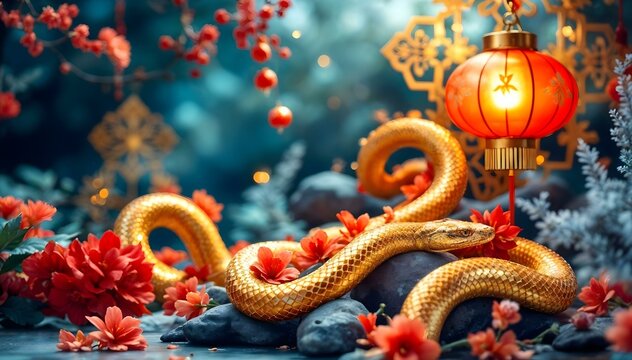 Golden chinese rat snake and red lanterns on stone background