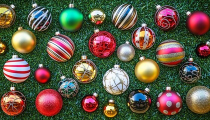 Assorted Christmas Ornaments on Green Grass Background