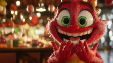 Happy red monster with big eyes and teeth in a candy shop.