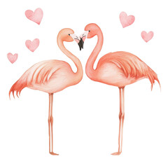Obraz premium Watercolor Flamingos with Hearts and Tropical Leaves