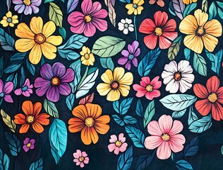 Vibrant Floral Pattern: Colorful Flower Textile Design