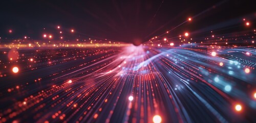 Obraz premium A visual representation of data packets traveling through a network, depicted as bright pulses of light moving along defined paths on a dark background.
