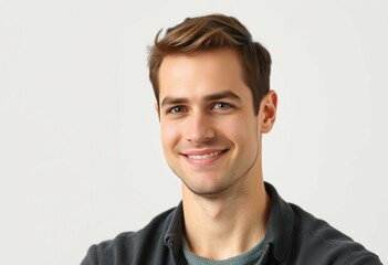 Half-length portrait of a male human with a calm and neutral expression