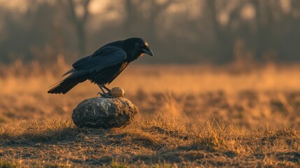 Obraz premium A black crow perched on a rock with a snail shell, during sunrise in a field.