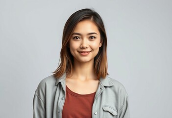 Obraz premium A half-length portrait of a young woman with a neutral expression.