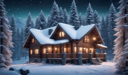 Fototapeta premium Przytulna, pokryta śniegiem chata z bali w zimowej nocy w lesie