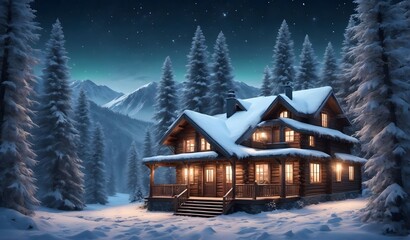 Naklejka premium Cozy Winter Log Cabin in Snowy Mountains at Night