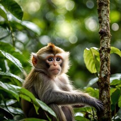long macaque sitting on tree