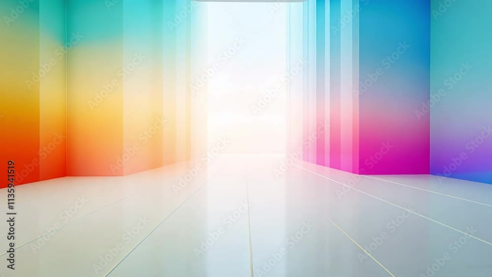 Poster rainbow spectrum room: a vibrant, abstract space with walls of shifting colors, a radiant glow emana