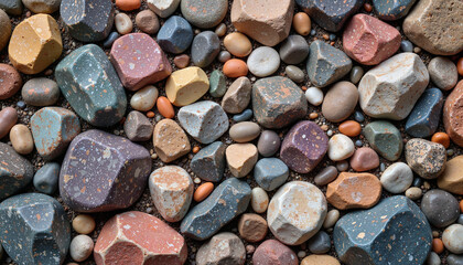 Colorful pebbles and stones arranged naturally on a surface with copy space