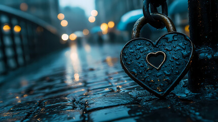 Heart-shaped love lock on a bridge in the rain, moody atmosphere, blurred city lights