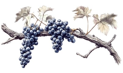 Obraz premium Watercolor painting of grapevine branch with ripe dark purple grapes and leaves.