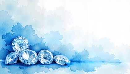 Elegant illustration of sparkling diamonds on a blue watercolor background with copy space.