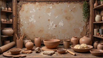 Rustic pottery and kitchenware displayed on wooden table in traditional setting