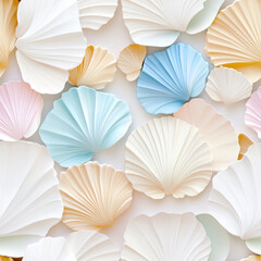 Beautiful paper shells in pastel colors create seamless pattern, showcasing delicate textures and soft hues. This design adds touch of elegance and whimsy to any project